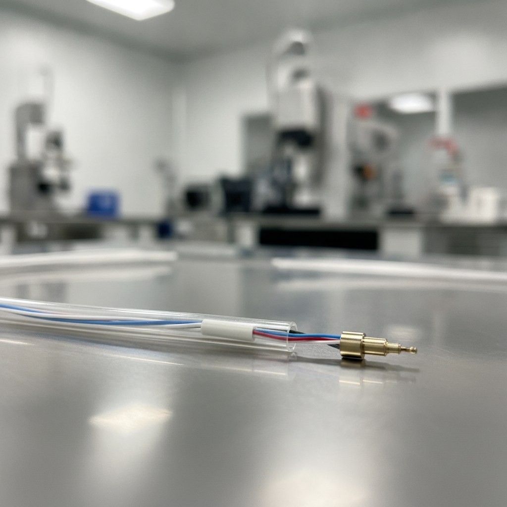 Photorealistic industrial website image for thin wall FEP tubing: clear FEP protective sleeve around small medical device cable assembly, no text, no logo, no watermark