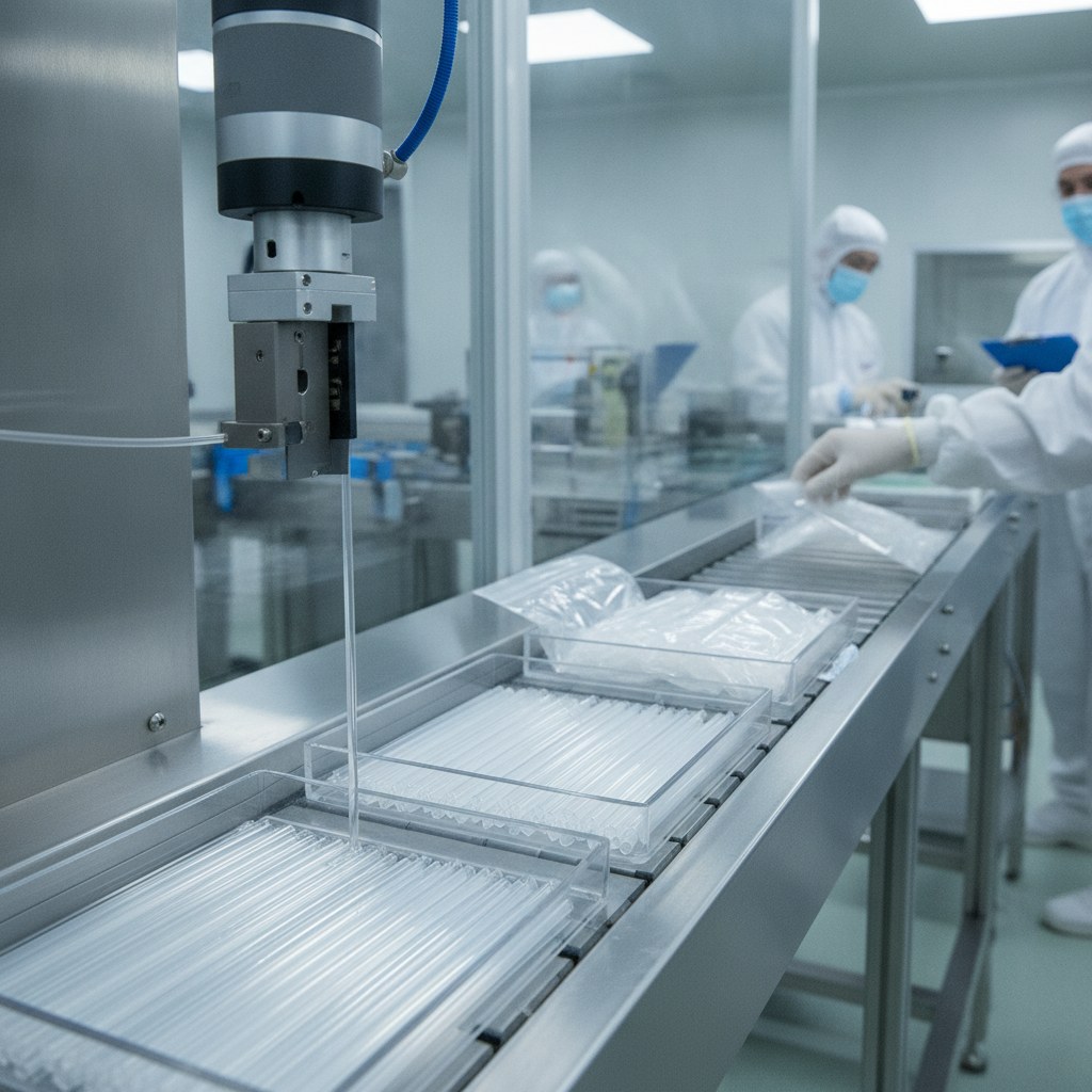 Photorealistic industrial website image for thin wall FEP tubing: clean cutting and packing of clear FEP tubing into trays and bags, no text, no logo, no watermark