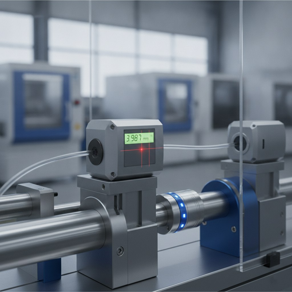 Photorealistic industrial website image for thin wall FEP tubing: inline dimensional measurement of transparent tubing with clean industrial equipment, no text, no logo, no watermark