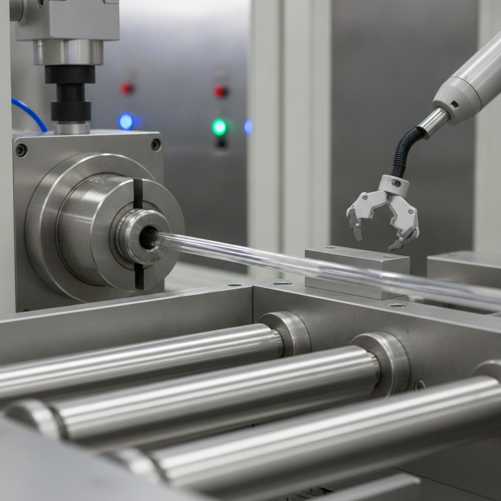 Photorealistic industrial website image for thin wall FEP tubing: precision FEP extrusion line producing clear thin tubing, no text, no logo, no watermark