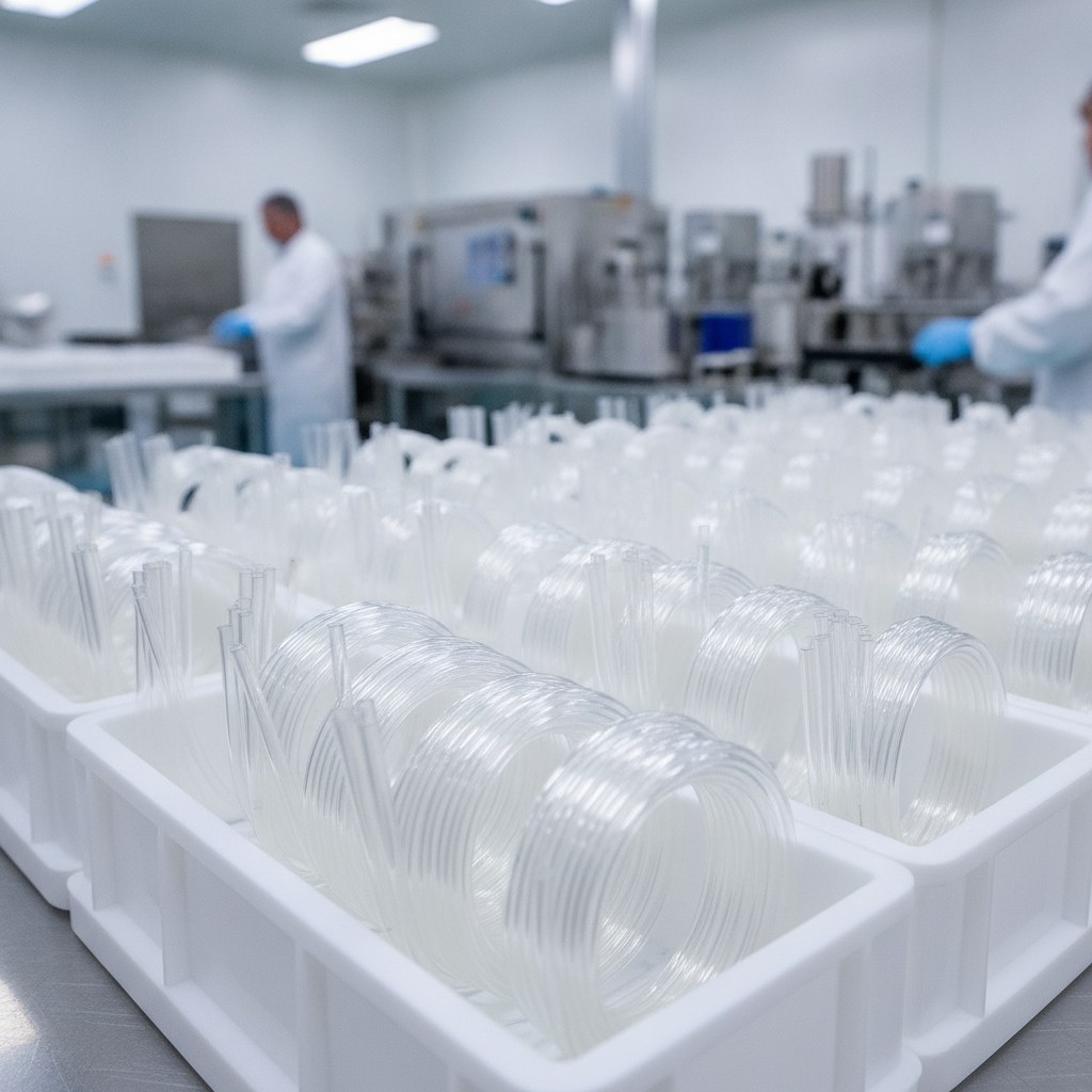 Photorealistic industrial website image for thin wall FEP tubing: cut-to-length FEP protective sleeves in clean trays, no text, no logo, no watermark