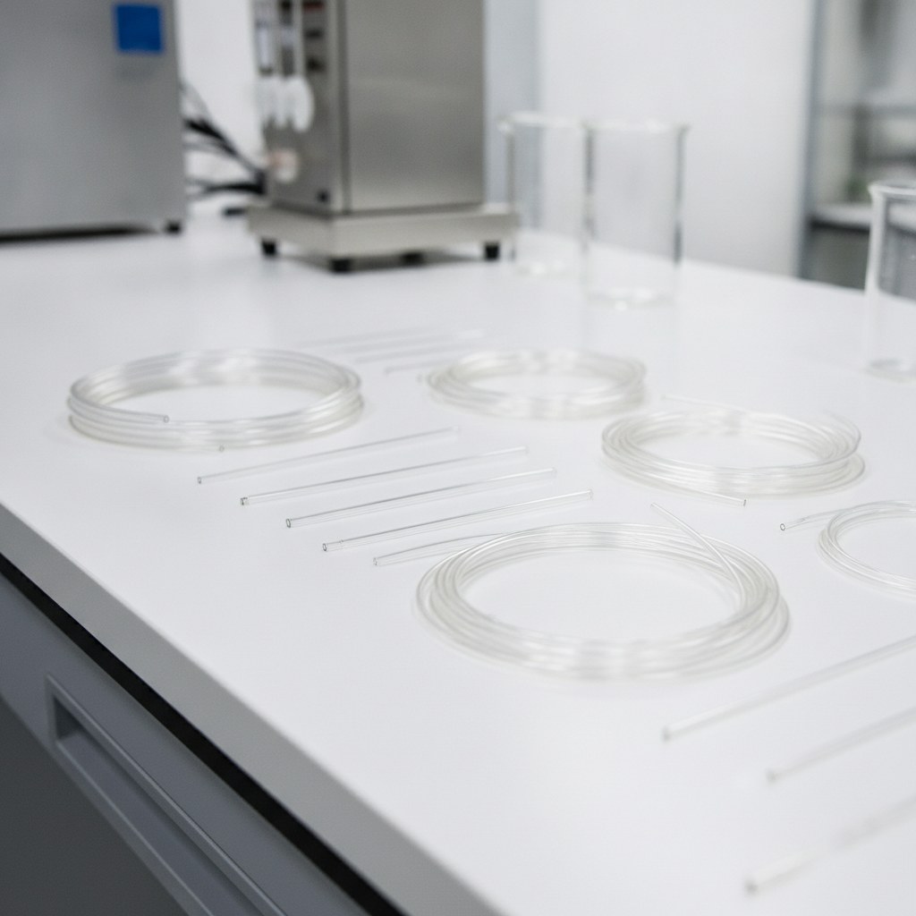 Photorealistic industrial website image for thin wall FEP tubing: ultra-thin wall transparent FEP tubing samples arranged on a clean bench, no text, no logo, no watermark
