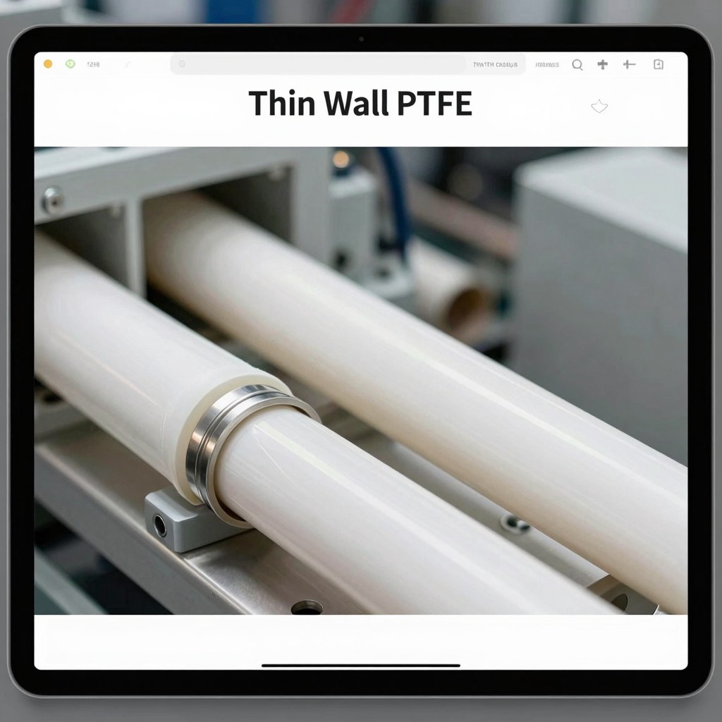 Photorealistic industrial website image for thin wall PTFE tubing: compact equipment routing with white PTFE tubes, no text, no logo, no watermark