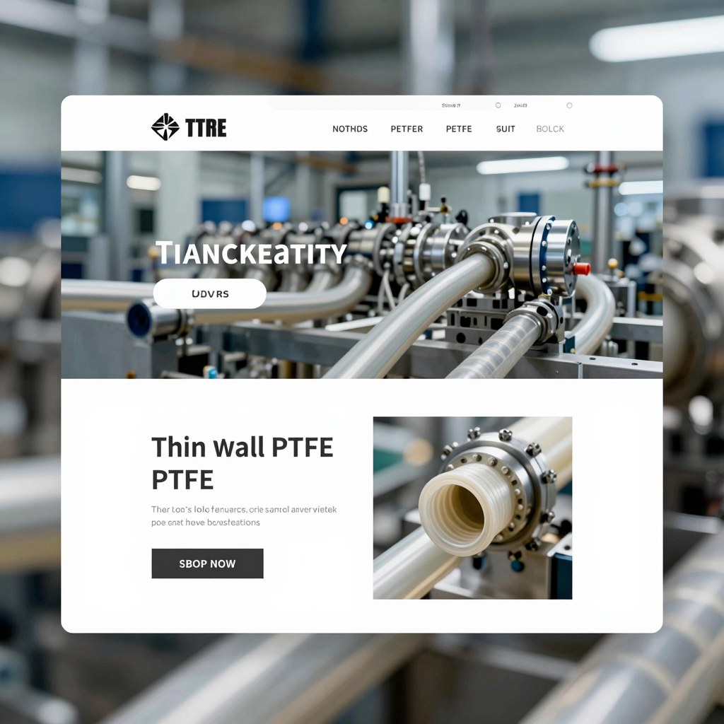 Photorealistic industrial website image for thin wall PTFE tubing: instrumentation lines in clean machinery, no text, no logo, no watermark