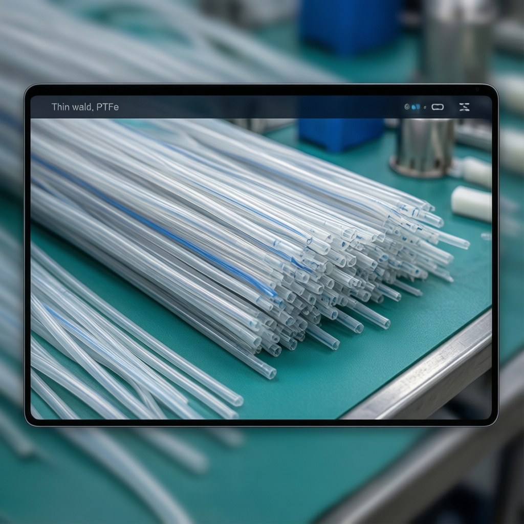 Photorealistic industrial website image for thin wall PTFE tubing: clean medical device assembly with small PTFE tubing, no text, no logo, no watermark