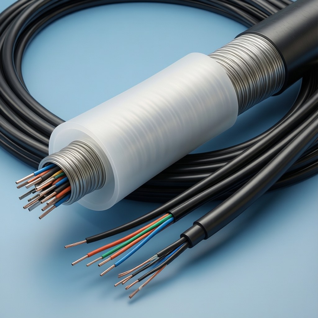 Photorealistic industrial website image for thin wall PTFE tubing: PTFE insulation sleeve on cable assembly, no text, no logo, no watermark