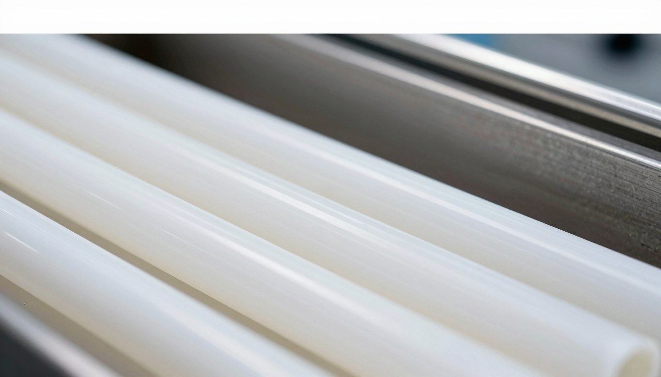 Photorealistic industrial website image for thin wall PTFE tubing: thin white PTFE tubes in clean extrusion and inspection scene, no text, no logo, no watermark