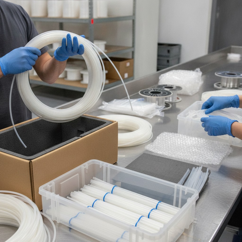 Photorealistic industrial website image for thin wall PTFE tubing: careful handling and packing of thin wall PTFE tube coils and cut pieces, no text, no logo, no watermark