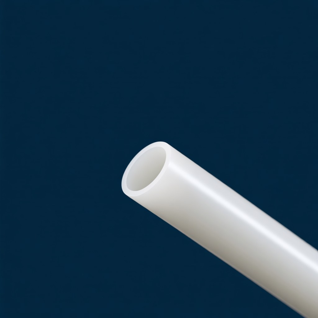 Photorealistic industrial website image for thin wall PTFE tubing: extrusion setup for thin white PTFE tube, no text, no logo, no watermark