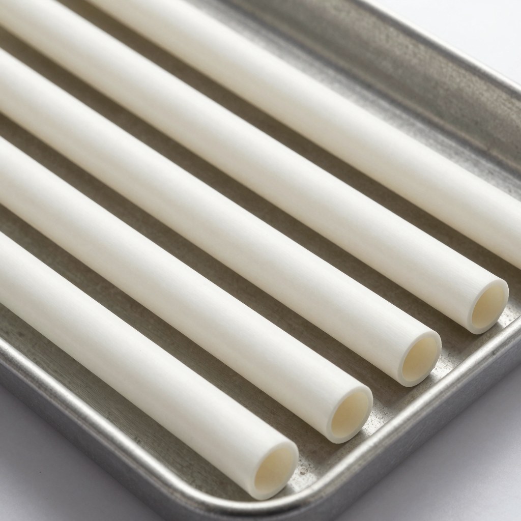 Photorealistic industrial website image for thin wall PTFE tubing: custom cut thin wall PTFE tube pieces in inspection tray, no text, no logo, no watermark