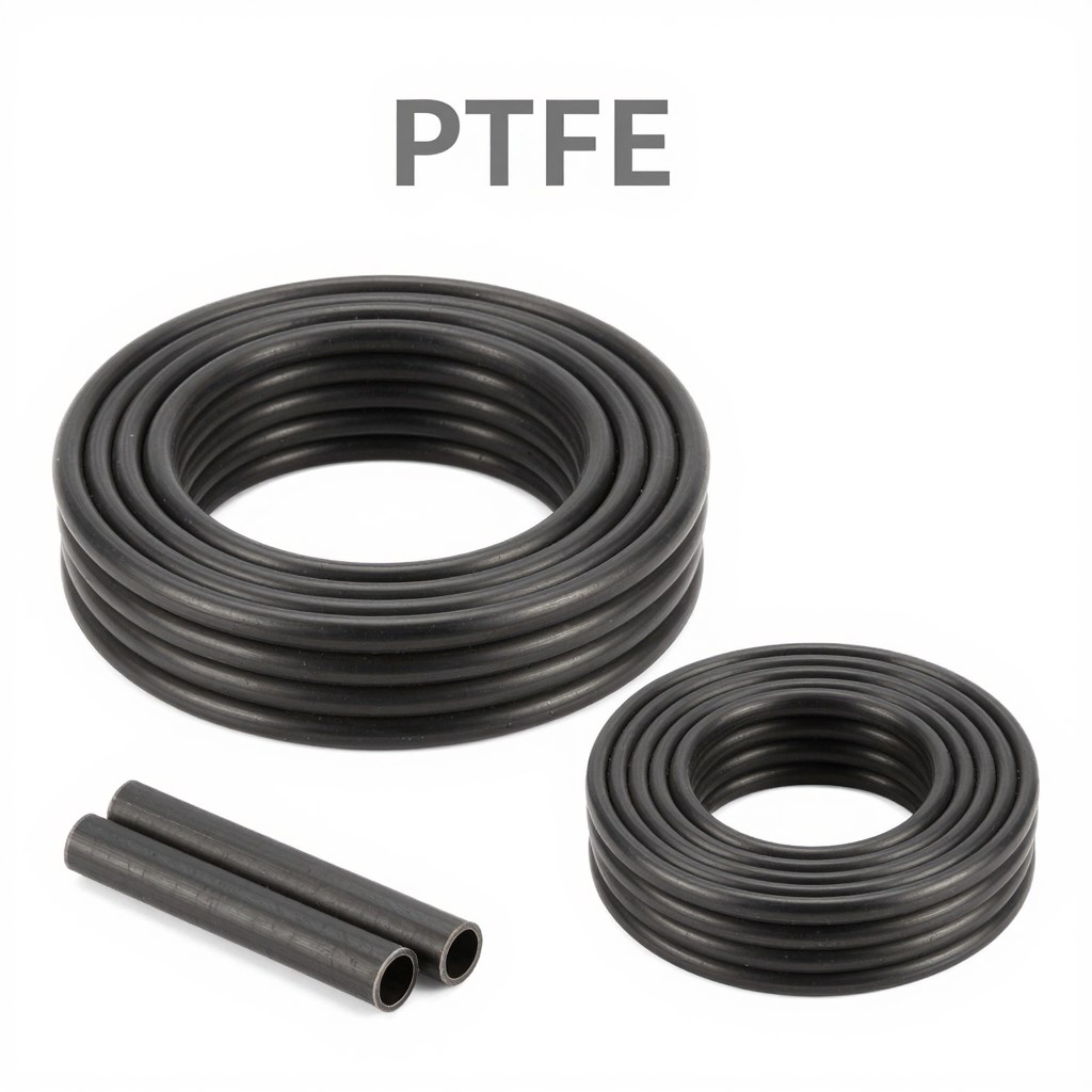 Photorealistic industrial website image for thin wall PTFE tubing: standard thin wall PTFE tubing coils and cut pieces, no text, no logo, no watermark