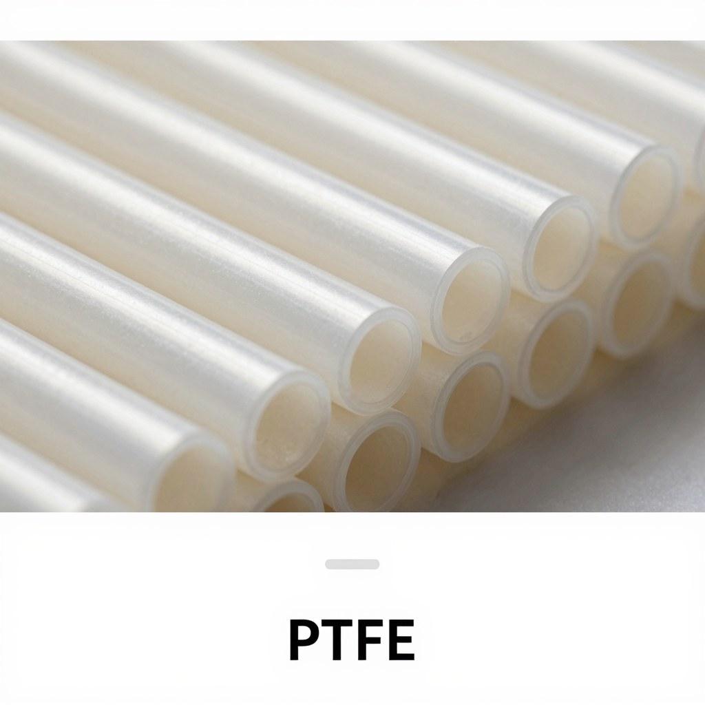 Photorealistic industrial website image for thin wall PTFE tubing: ultra-thin PTFE tubes in clean product close-up, no text, no logo, no watermark
