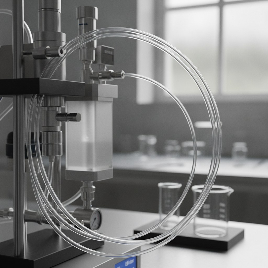 Photorealistic industrial website image for transparent PTFE tubing: analytical sampling instrument with translucent PTFE tubing, no text, no logo, no watermark