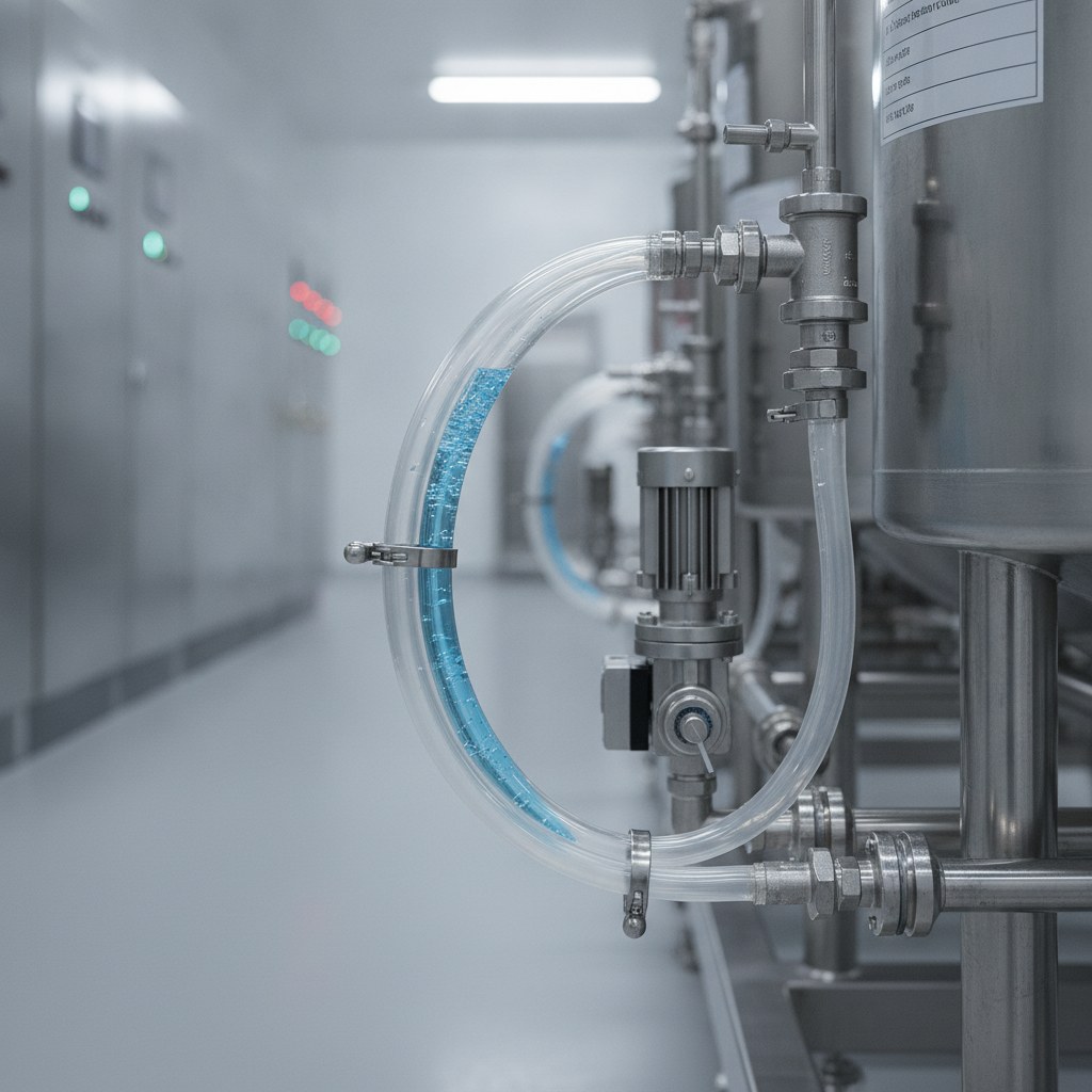 Photorealistic industrial website image for transparent PTFE tubing: chemical dosing transfer line with translucent PTFE tube, no text, no logo, no watermark