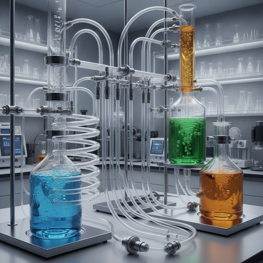 Photorealistic industrial website image for transparent PTFE tubing: laboratory visual fluid lines with translucent PTFE tube, no text, no logo, no watermark
