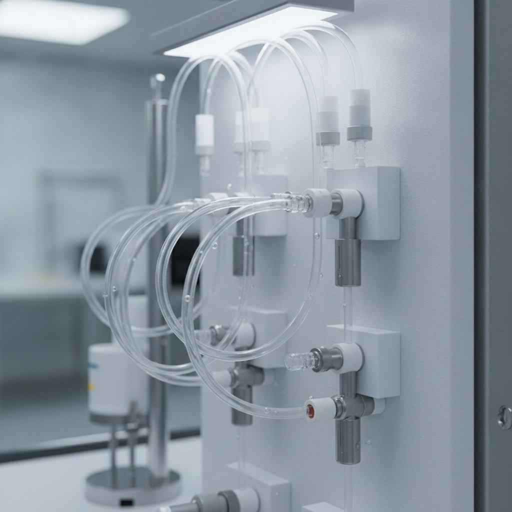 Photorealistic industrial website image for transparent PTFE tubing: medical diagnostic assembly with translucent PTFE tubing, no text, no logo, no watermark