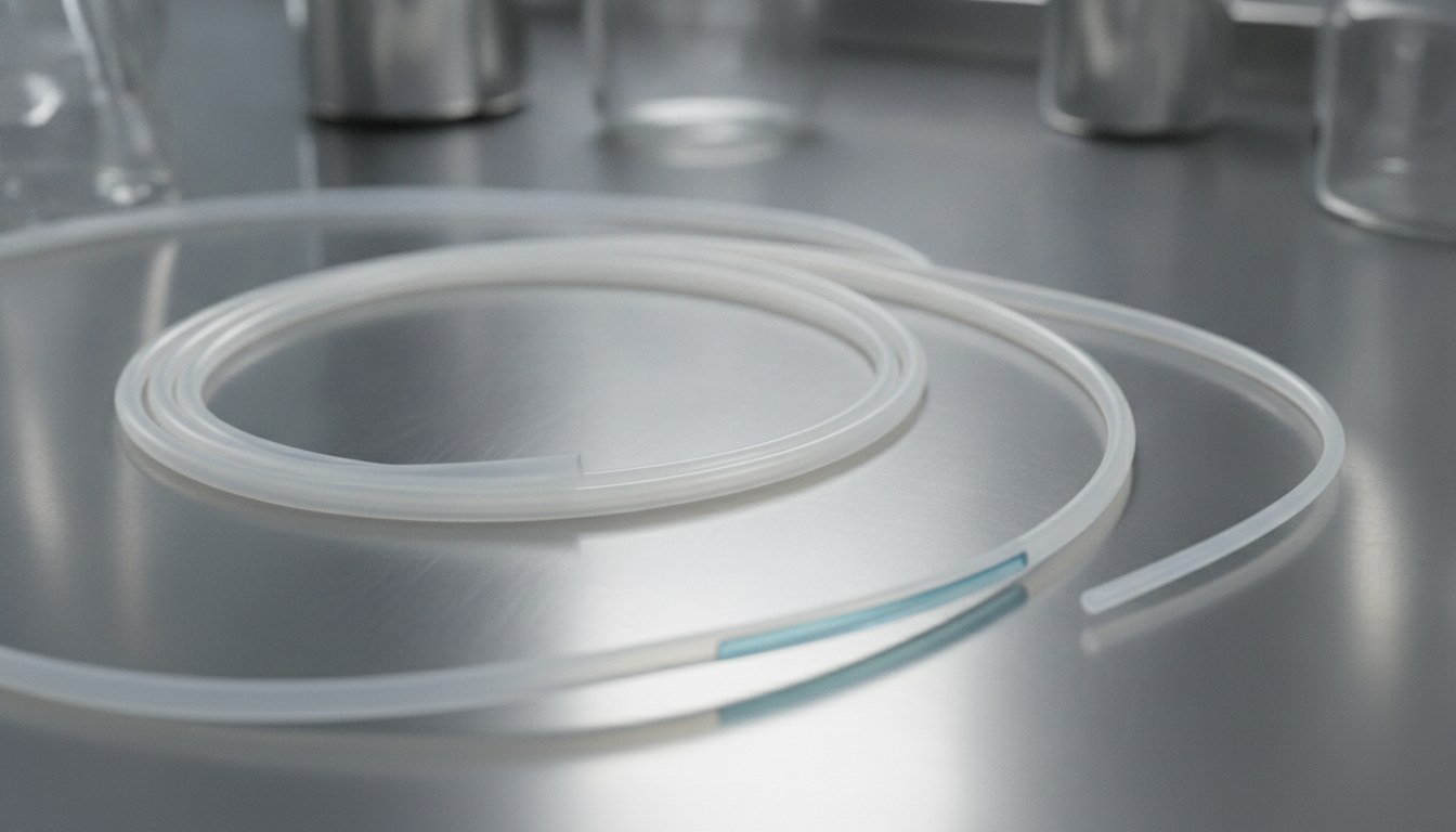 Photorealistic industrial website image for transparent PTFE tubing: translucent white PTFE tubing for visual fluid paths, no text, no logo, no watermark
