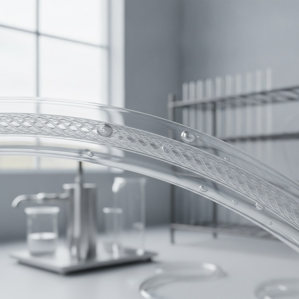 Photorealistic industrial website image for transparent PTFE tubing: translucent PTFE tube material visibility sample, no text, no logo, no watermark