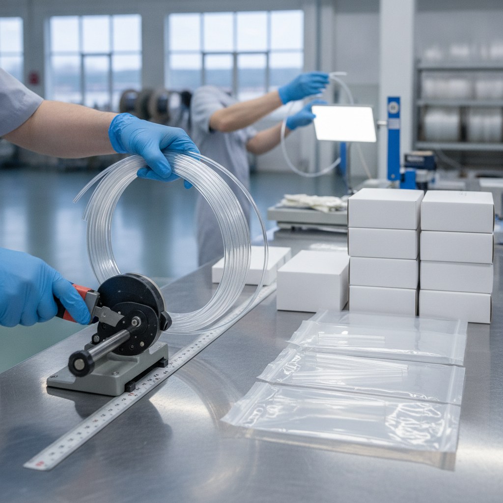 Photorealistic industrial website image for transparent PTFE tubing: cutting packing and sample confirmation for PTFE tubing, no text, no logo, no watermark