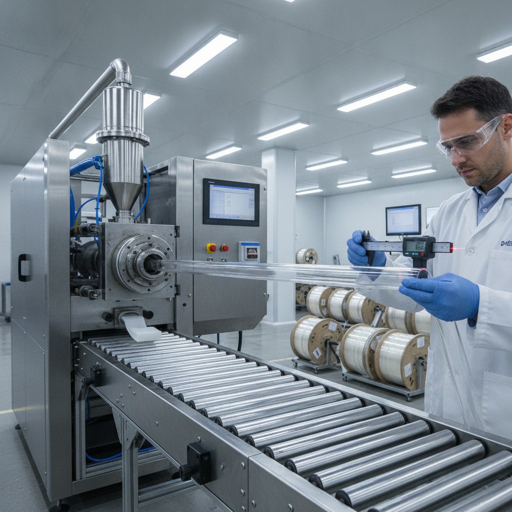 Photorealistic industrial website image for transparent PTFE tubing: extrusion and dimensional inspection of translucent PTFE tubing, no text, no logo, no watermark