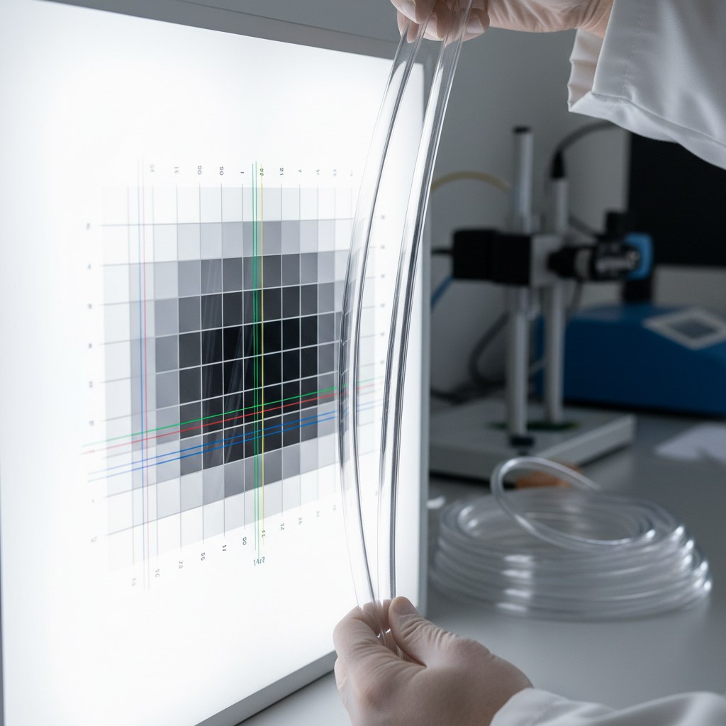 Photorealistic industrial website image for transparent PTFE tubing: transparency target review for PTFE tube samples, no text, no logo, no watermark