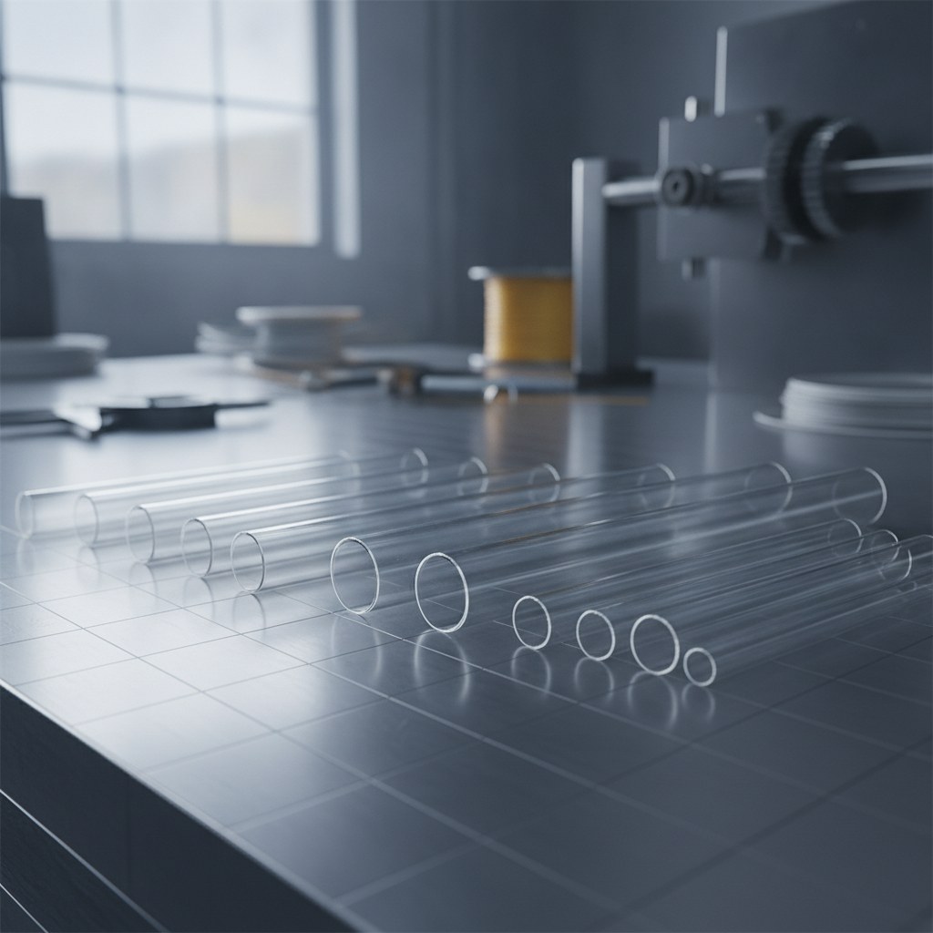 Photorealistic industrial website image for transparent PTFE tubing: cut-to-length visual PTFE sleeves, no text, no logo, no watermark