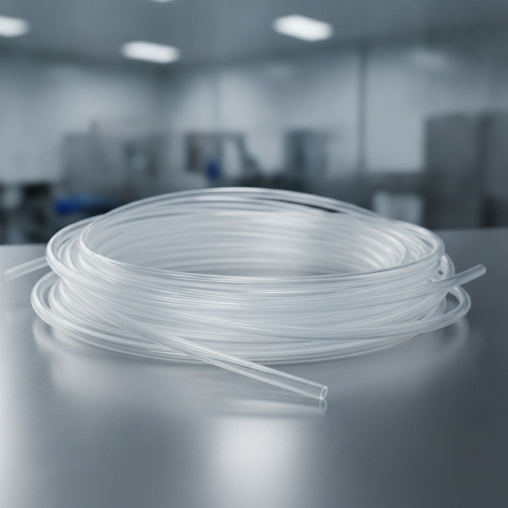 Photorealistic industrial website image for transparent PTFE tubing: thin wall translucent PTFE tube detail, no text, no logo, no watermark