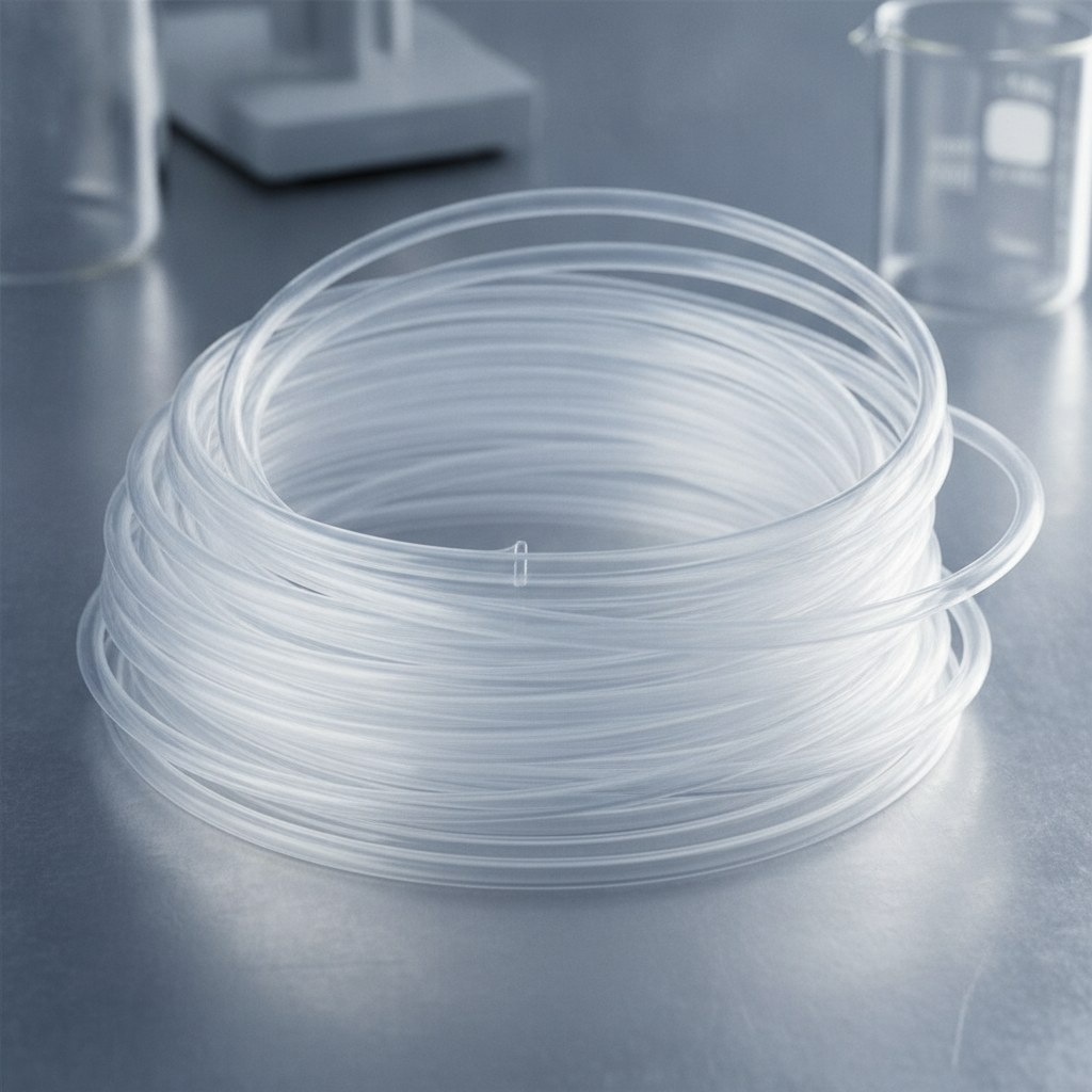 Photorealistic industrial website image for transparent PTFE tubing: translucent PTFE capillary tubing closeup, no text, no logo, no watermark