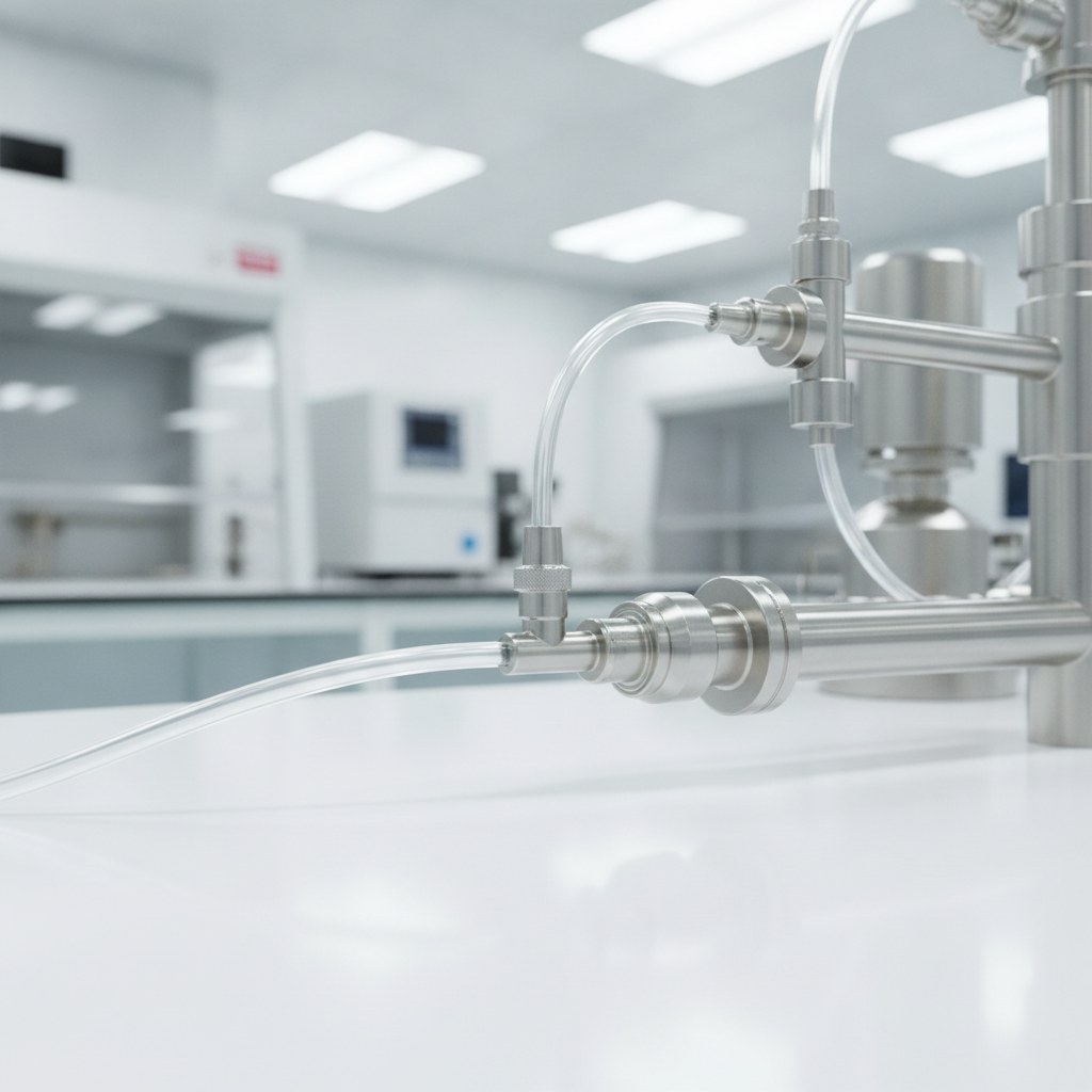 Photorealistic industrial website image for ultra clean pfa tubing: clear PFA tubing connected to clean analytical sampling lines on a process laboratory bench, no labels, no text, no logo, no watermark