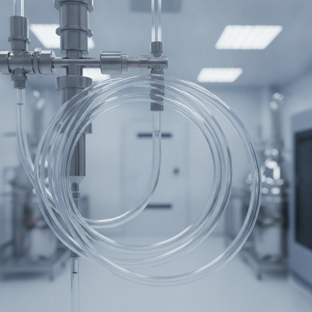 Photorealistic industrial website image for ultra clean pfa tubing: transparent PFA tubing used in pharmaceutical and laboratory clean fluid transfer, no labels, no text, no logo, no watermark