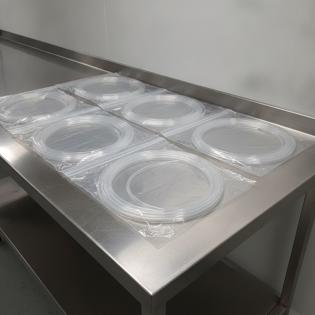 Photorealistic industrial website image for ultra clean pfa tubing: clean packed transparent PFA tubing coils in plain unmarked bags on a clean packing bench, no labels, no paper, no text, no logo, no watermark
