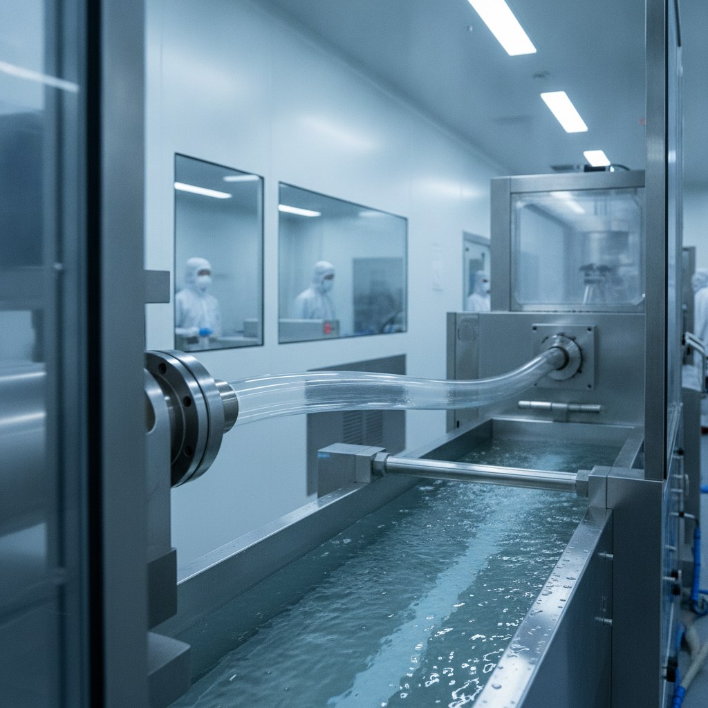 Photorealistic industrial website image for ultra clean pfa tubing: controlled extrusion of transparent PFA tubing in a clean manufacturing line, no labels, no text, no logo, no watermark