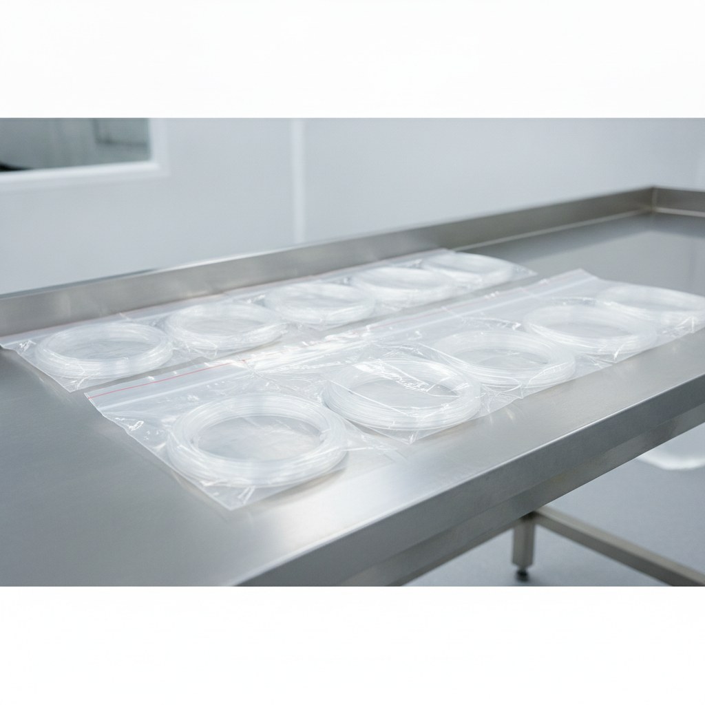 Photorealistic industrial website image for ultra clean pfa tubing: cut length transparent PFA tubing in plain unmarked clean bags on a clean packing bench, no labels, no paper, no text, no logo, no watermark