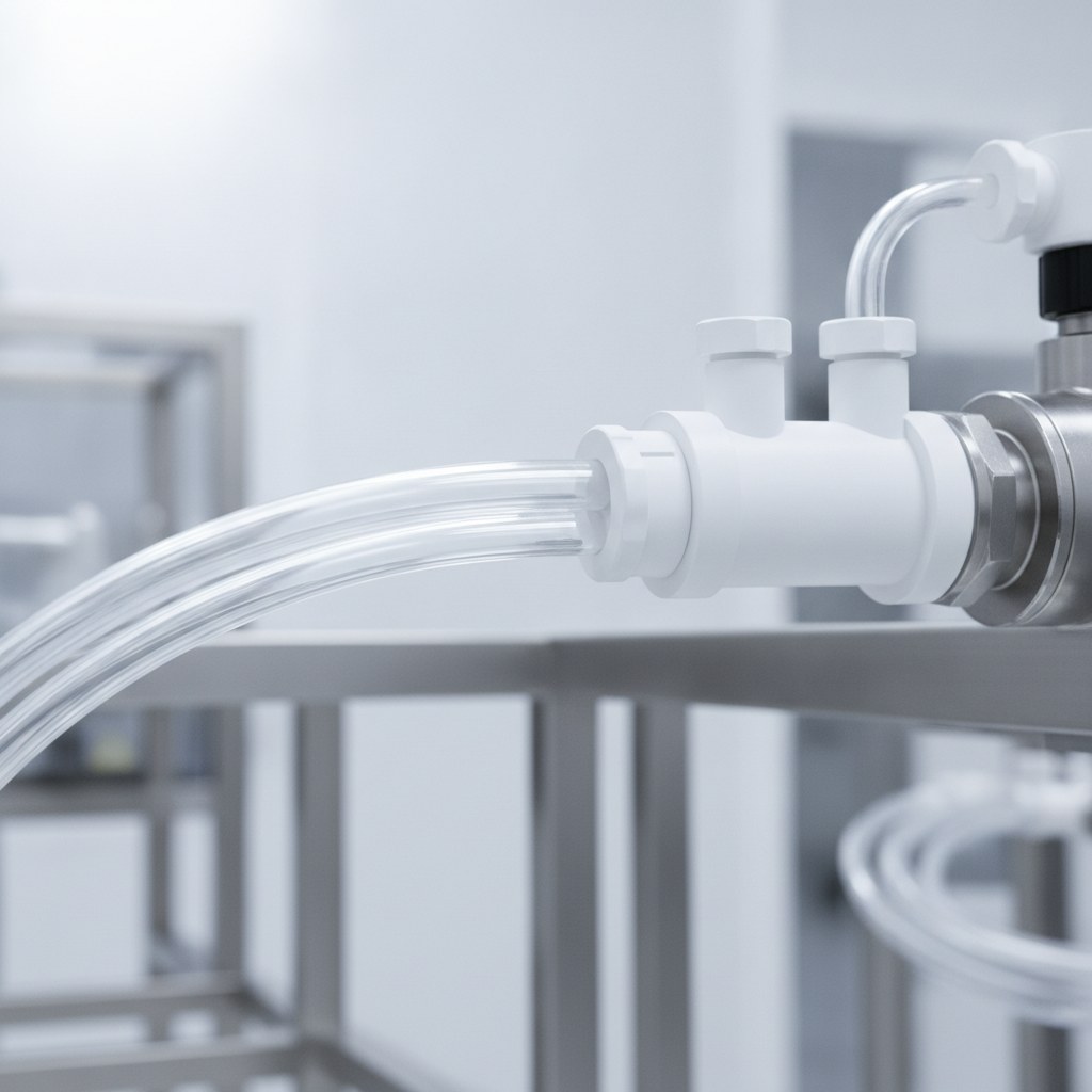 Photorealistic industrial website image for ultra clean pfa tubing: transparent PFA high purity chemical fluid lines connected to clean fittings, no labels, no text, no logo, no watermark