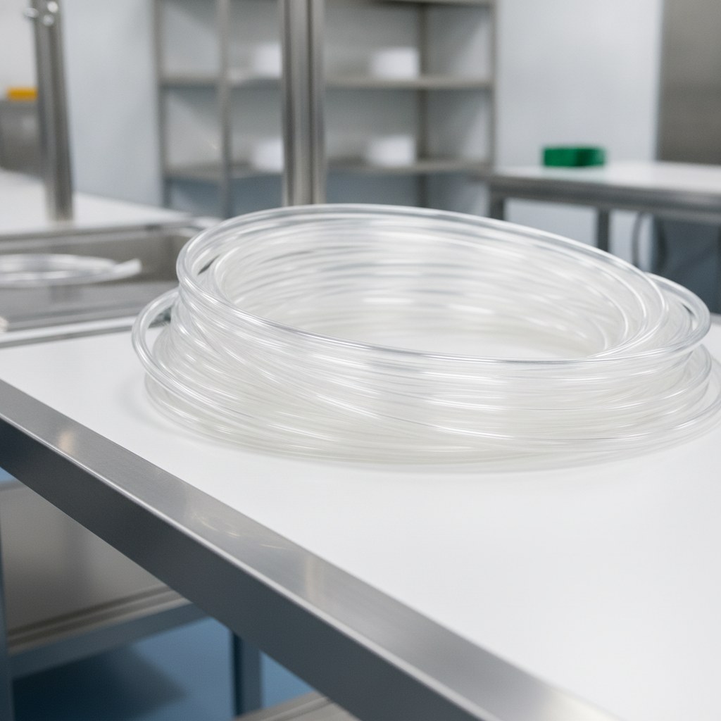 Photorealistic industrial website image for ultra clean pfa tubing: smooth bore transparent PFA tubing coils on a clean inspection bench, no labels, no text, no logo, no watermark