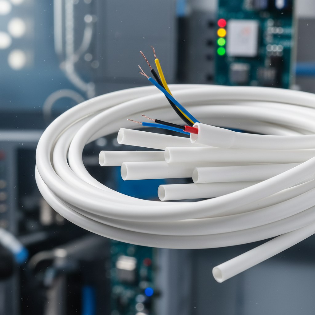 Photorealistic industrial website image for Virgin PTFE tubing: electronics insulation sleeving with white PTFE tube, no text, no logo, no watermark