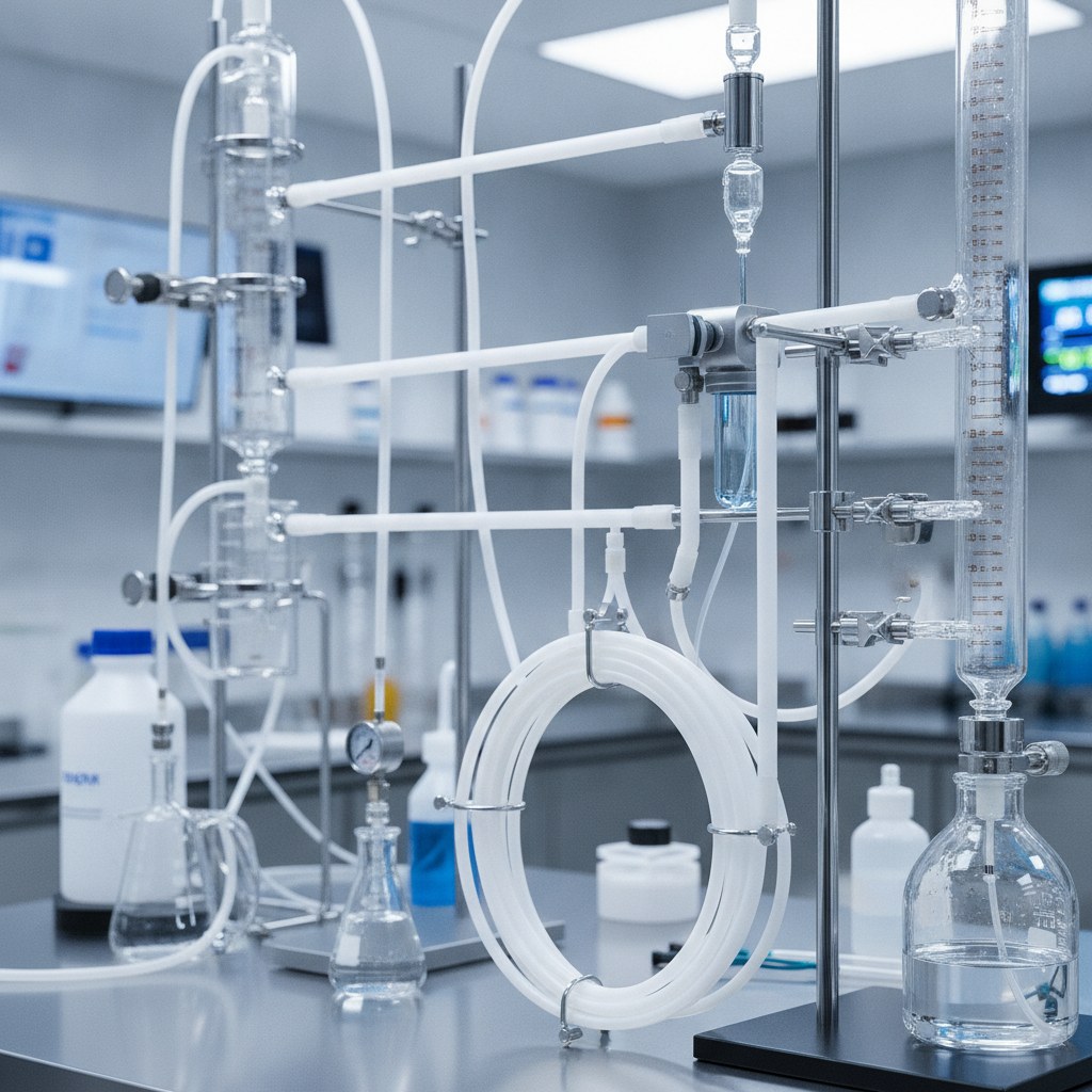 Photorealistic industrial website image for Virgin PTFE tubing: laboratory fluid lines using white PTFE tubing, no text, no logo, no watermark