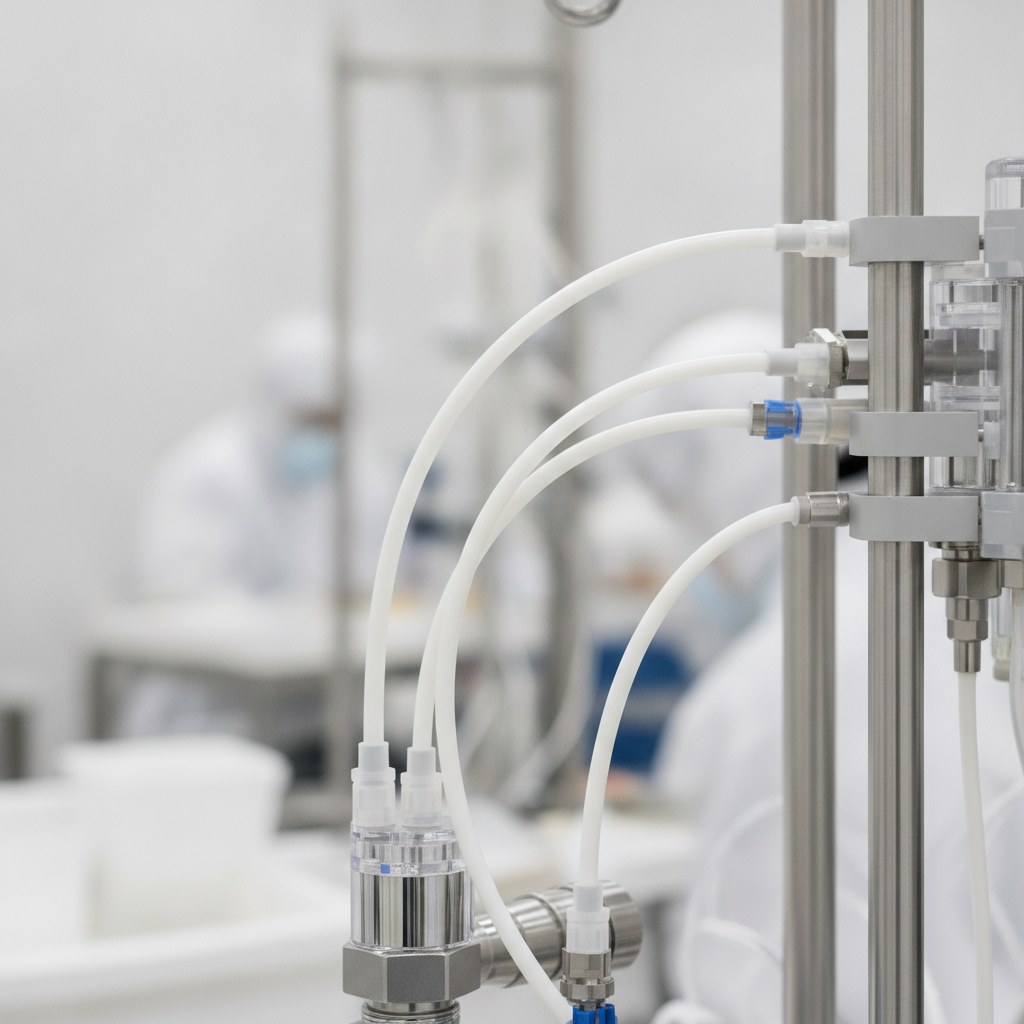 Photorealistic industrial website image for Virgin PTFE tubing: medical device assembly with clean PTFE tubing, no text, no logo, no watermark