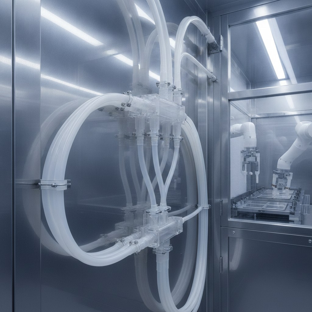 Photorealistic industrial website image for Virgin PTFE tubing: semiconductor chemical handling with clean PTFE tubing, no text, no logo, no watermark