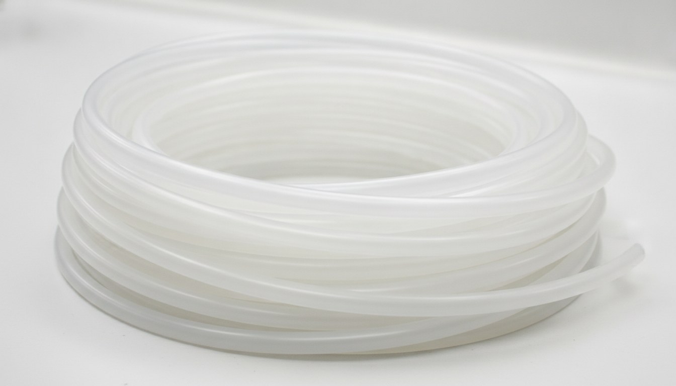 Photorealistic industrial website image for Virgin PTFE tubing: clean white unfilled PTFE tubing for high-purity fluid paths, no text, no logo, no watermark