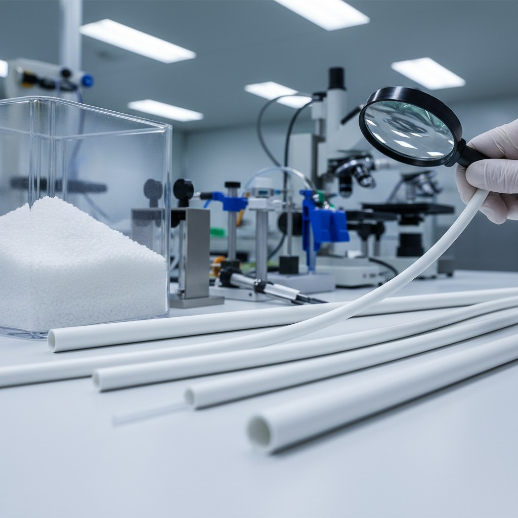 Photorealistic industrial website image for Virgin PTFE tubing: virgin PTFE resin and clean tubing material inspection, no text, no logo, no watermark