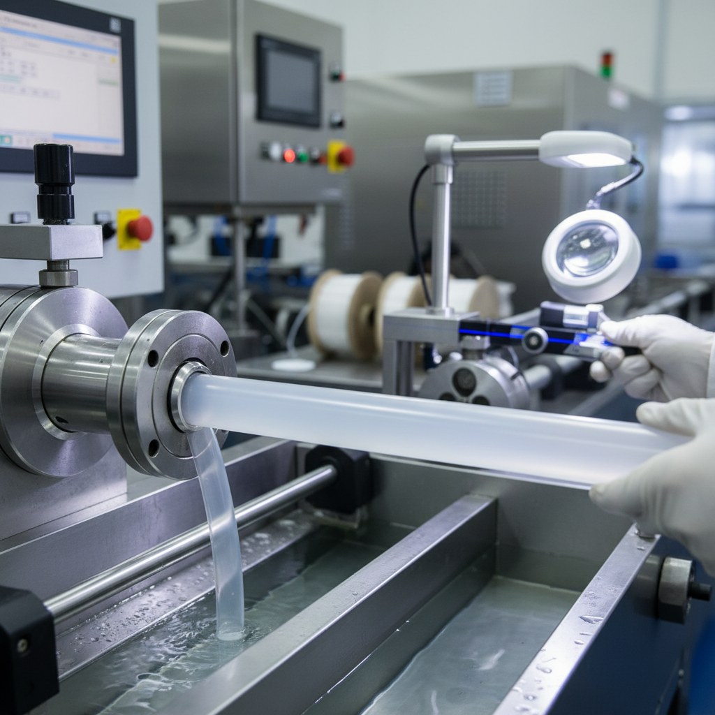 Photorealistic industrial website image for Virgin PTFE tubing: controlled PTFE tube extrusion and inspection, no text, no logo, no watermark
