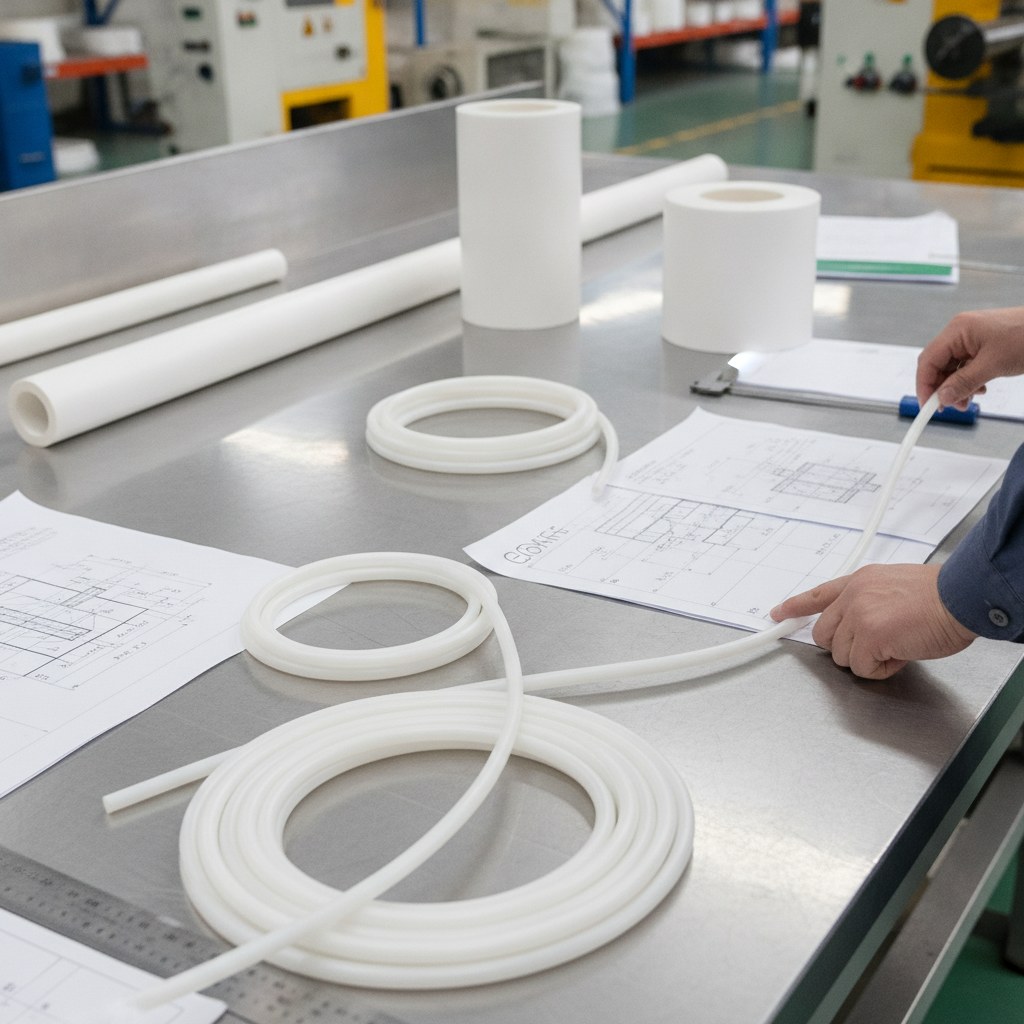 Photorealistic industrial website image for Virgin PTFE tubing: size and drawing review for PTFE tube production, no text, no logo, no watermark