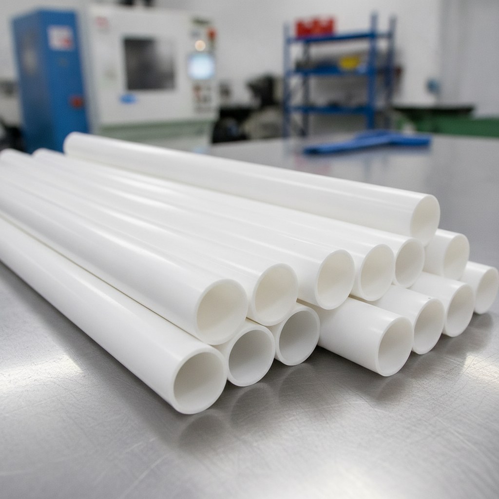 Photorealistic industrial website image for Virgin PTFE tubing: cut-to-length virgin PTFE sleeves, no text, no logo, no watermark
