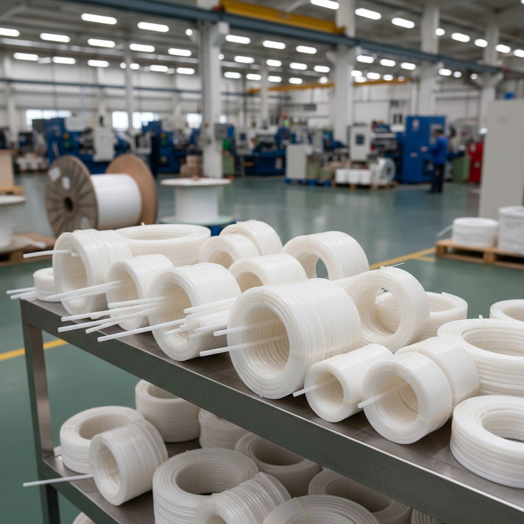 Photorealistic industrial website image for Virgin PTFE tubing: standard natural white virgin PTFE tubing coils, no text, no logo, no watermark
