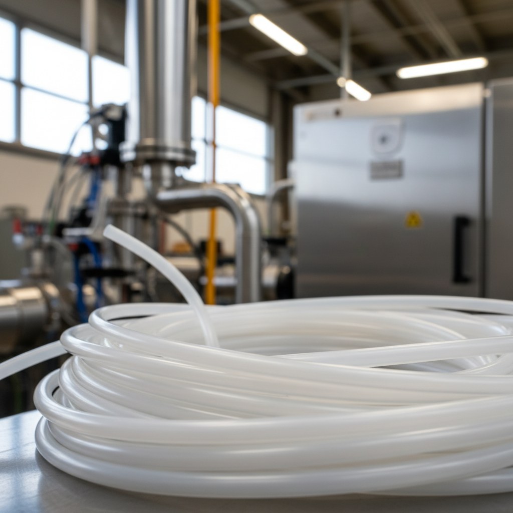 Photorealistic industrial website image for Virgin PTFE tubing: thin wall virgin PTFE tubing closeup, no text, no logo, no watermark