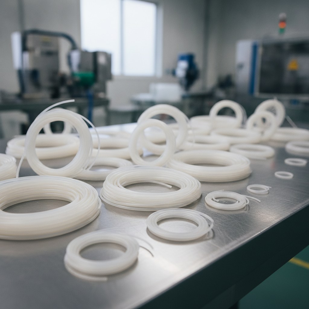 Photorealistic industrial website image for Virgin PTFE tubing: small bore virgin PTFE capillary tubing, no text, no logo, no watermark