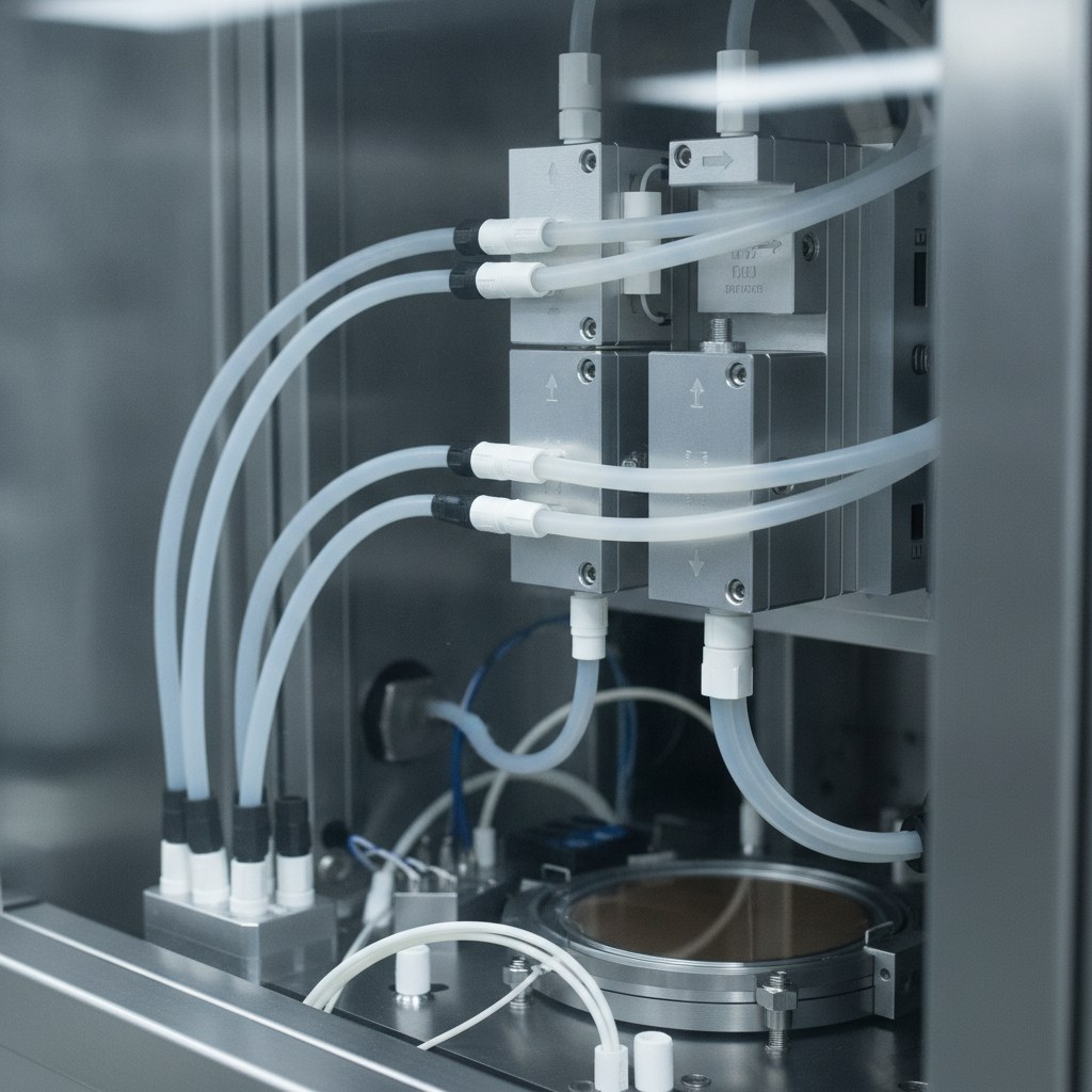 Photorealistic industrial website image for wafer process pfa tubing: PFA tubing routed through OEM semiconductor tool fluid manifolds with clean fittings, no text, no logo, no watermark