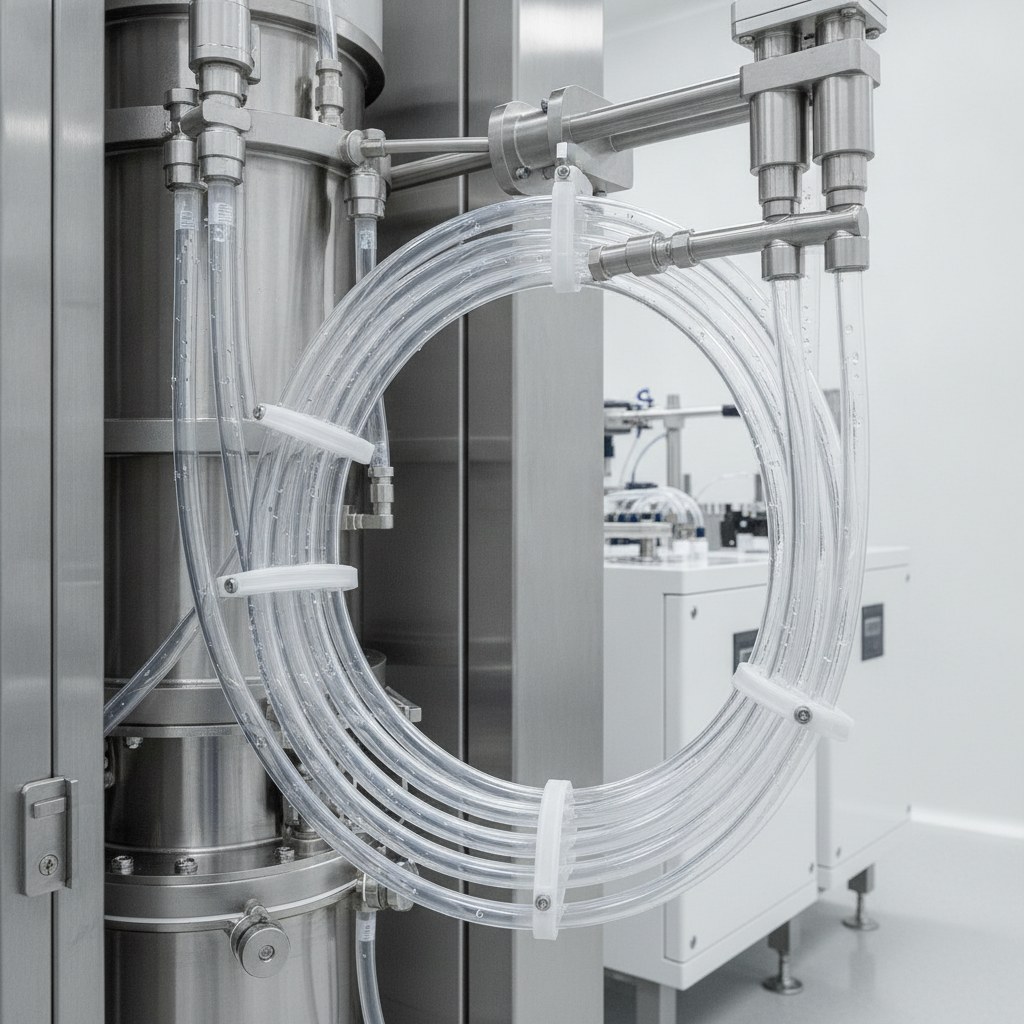 Photorealistic industrial website image for wafer process pfa tubing: clean PFA tubing for UPW rinse and dry lines in wafer processing equipment, no text, no logo, no watermark