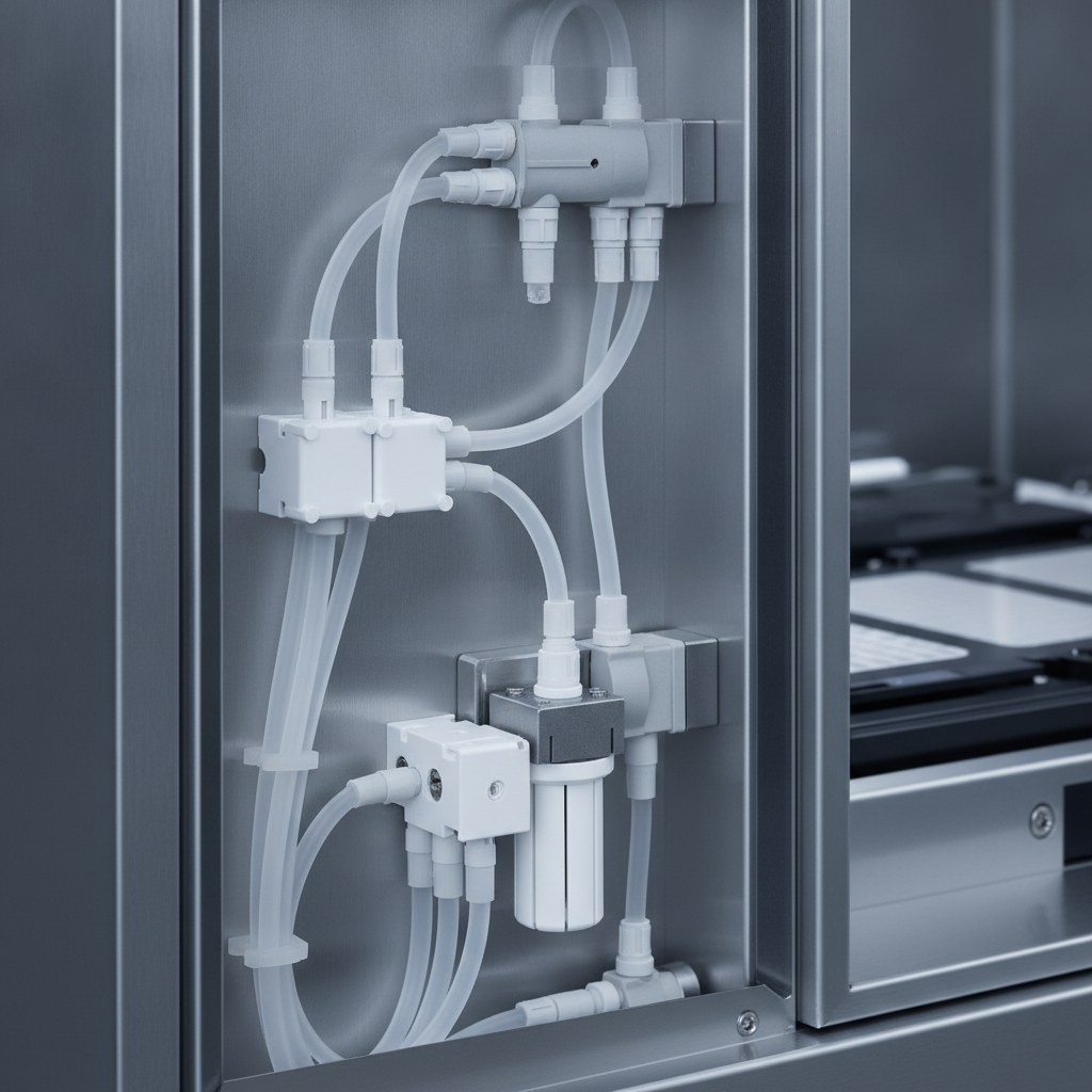 Photorealistic industrial website image for wafer process pfa tubing: translucent PFA tubing routed in a clean semiconductor wafer process tool fluid module, no text, no logo, no watermark